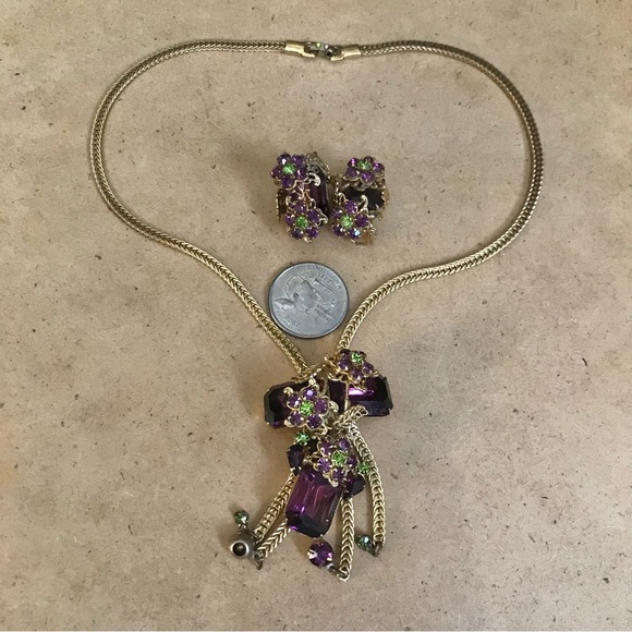 Rare Vintage Alice CAVINESS Purple Art Glass Rhinestone Tassel Designer Set - Picture 10 of 16